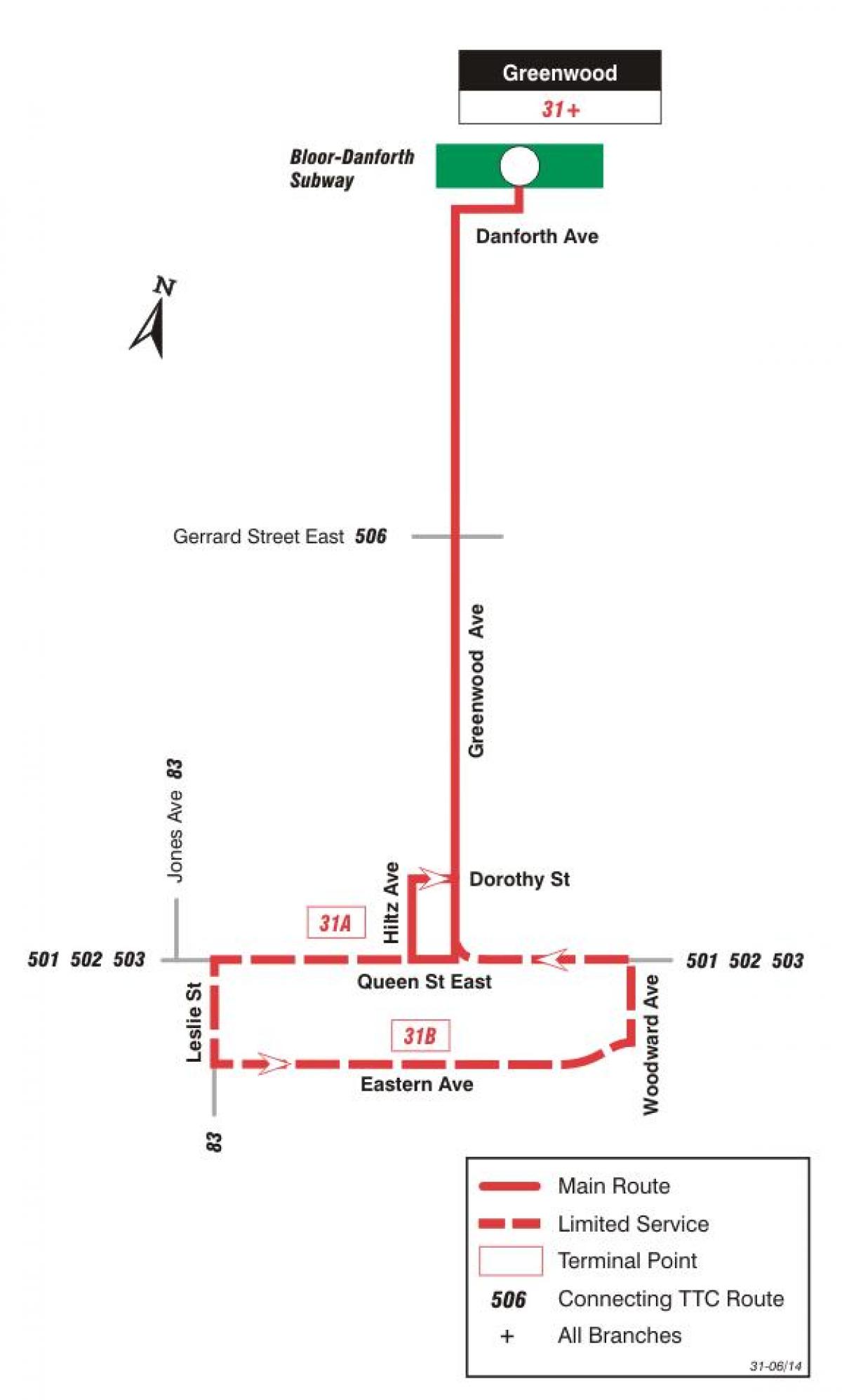 Karta över GRÄNSVÄRDE 31 Greenwood busslinje Toronto