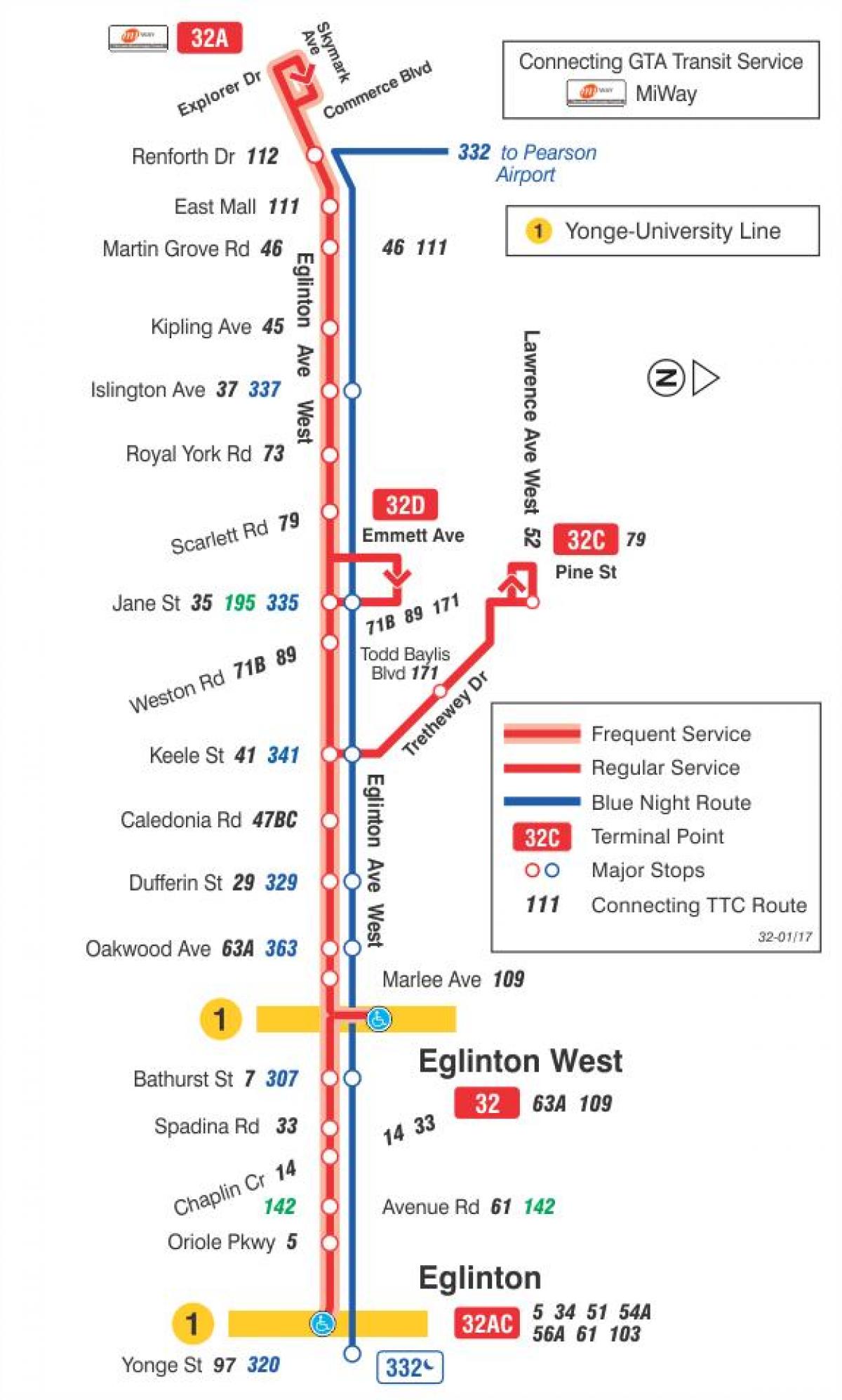 Karta över GRÄNSVÄRDE 32 Eglinton West busslinje Toronto