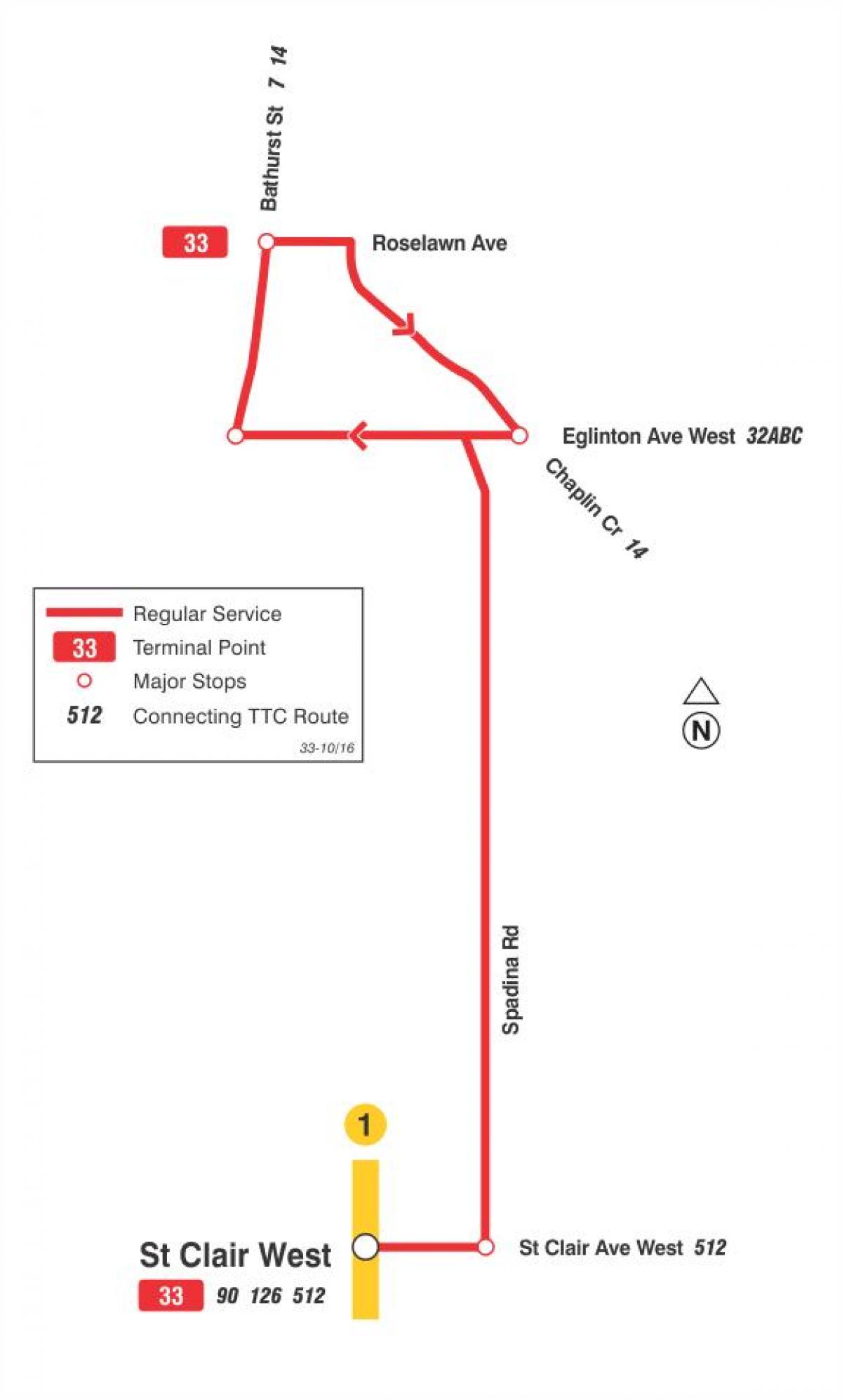 Karta över TTC 33 Forest Hill busslinje Toronto