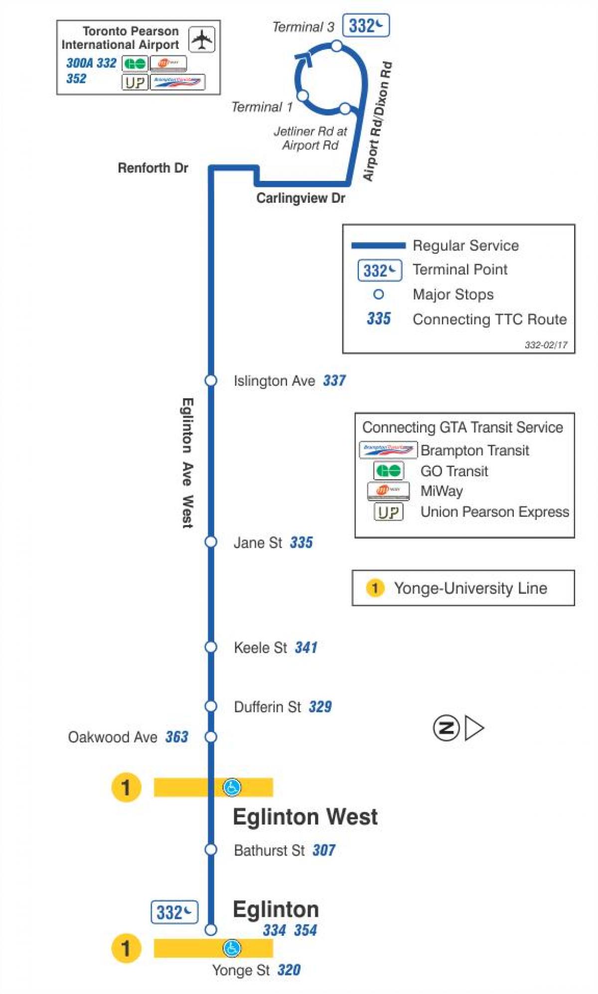 Karta över TTC 332 Eglinton West busslinje Toronto