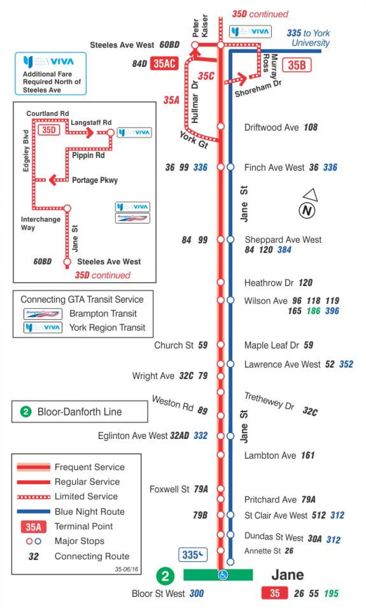 Karta över TTC 35 Jane busslinje Toronto