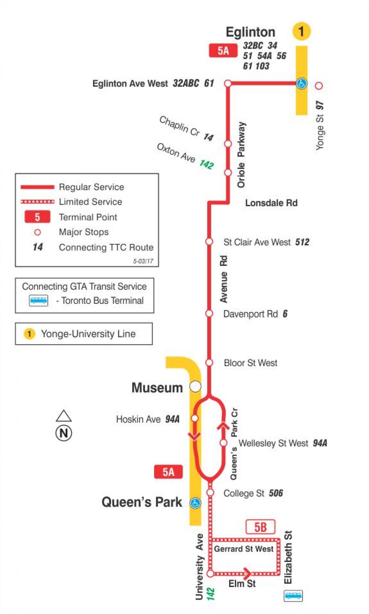 Karta över TTC 5 Avenue Rd busslinje Toronto