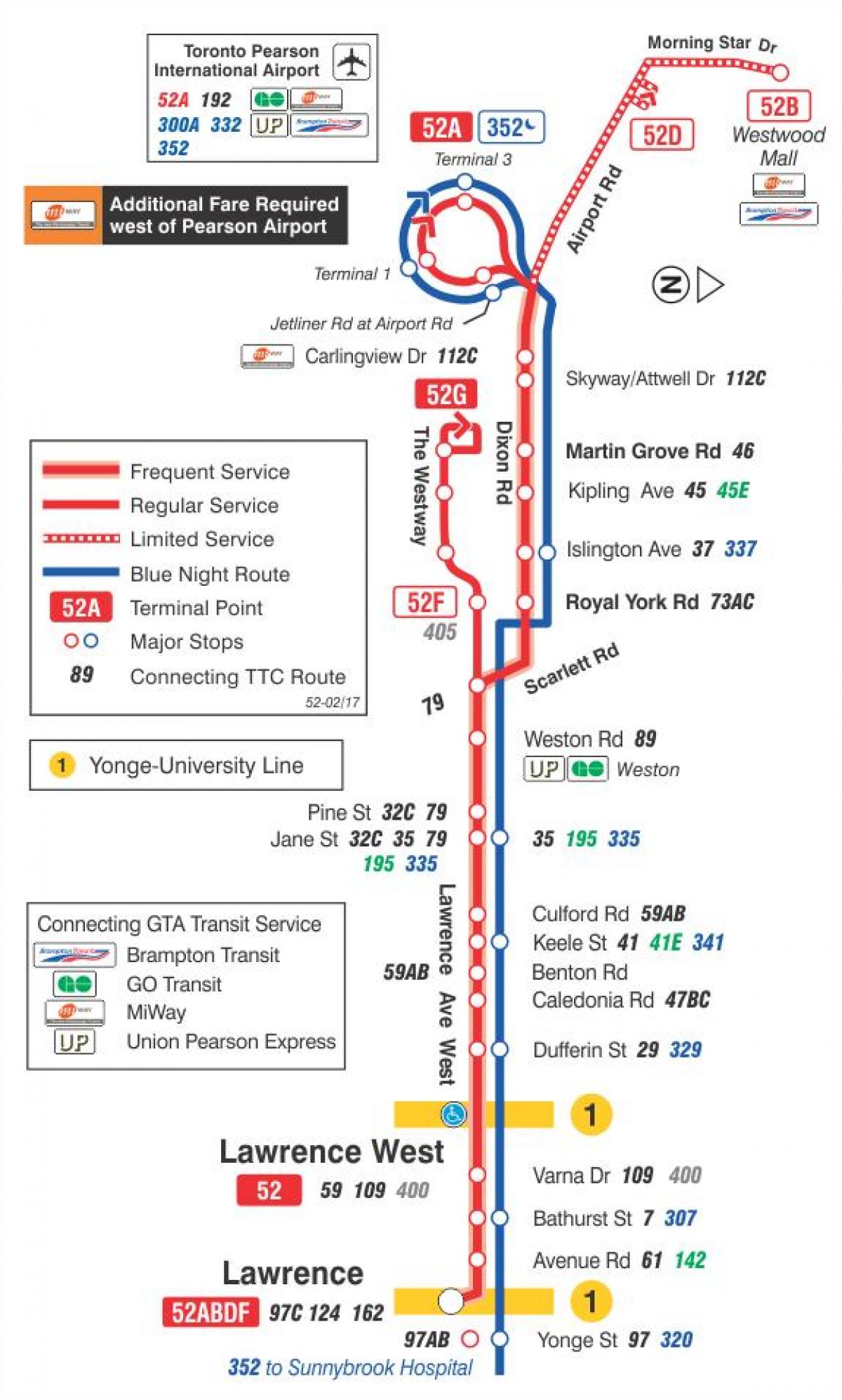 Karta över TTC 52 Lawrence West busslinje Toronto