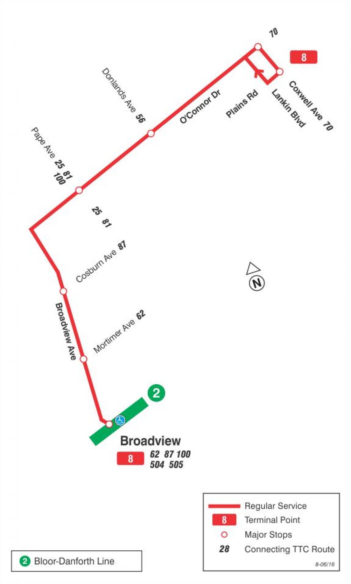 Karta över GRÄNSVÄRDE 8 Broadview busslinje Toronto