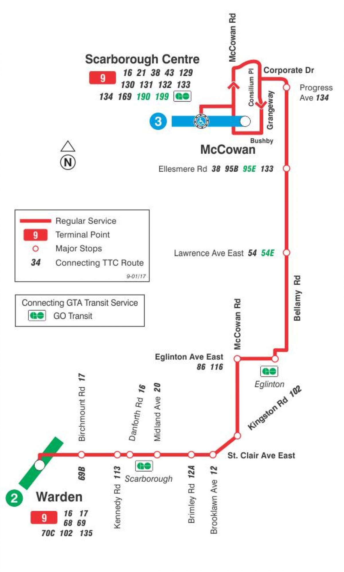 Karta över GRÄNSVÄRDE 9 Bellamy busslinje Toronto