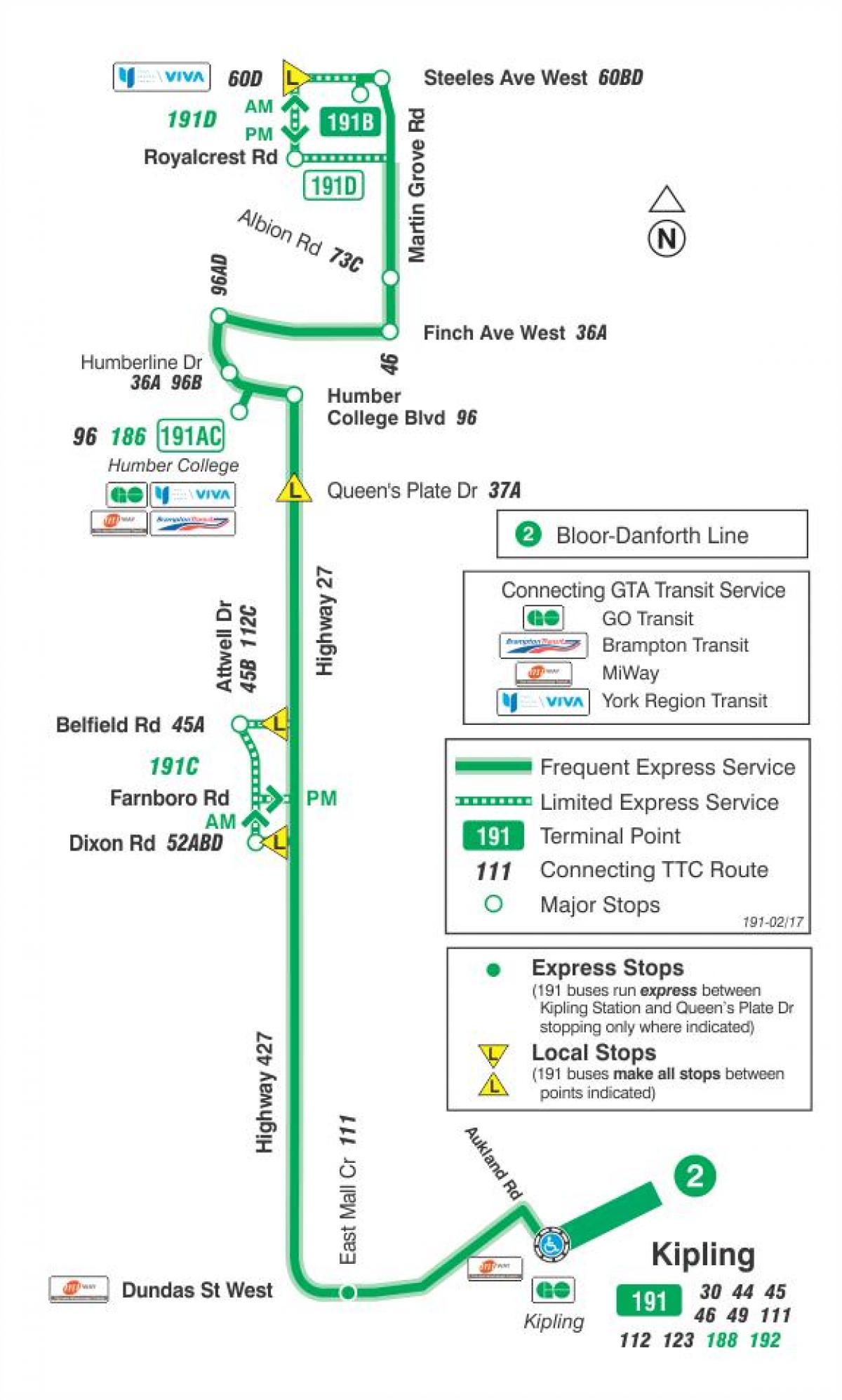 Karta över TTC Highway 191 27 Raket busslinje Toronto