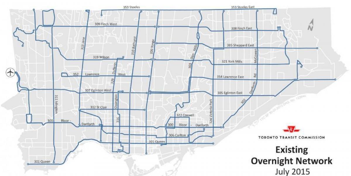 Karta över TTC över natten nätverk buss