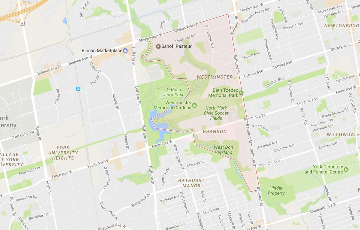 Karta över Westminster–Branson grannskapet Toronto