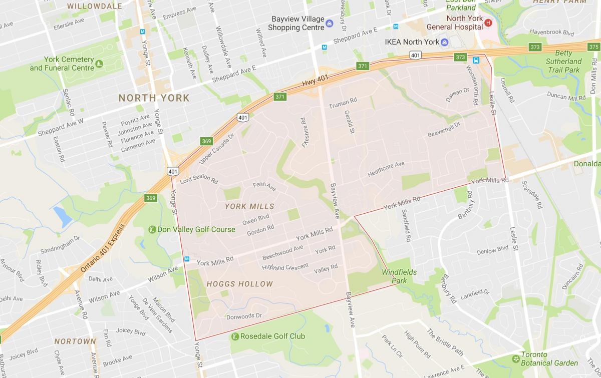 Karta över York Mills grannskapet Toronto
