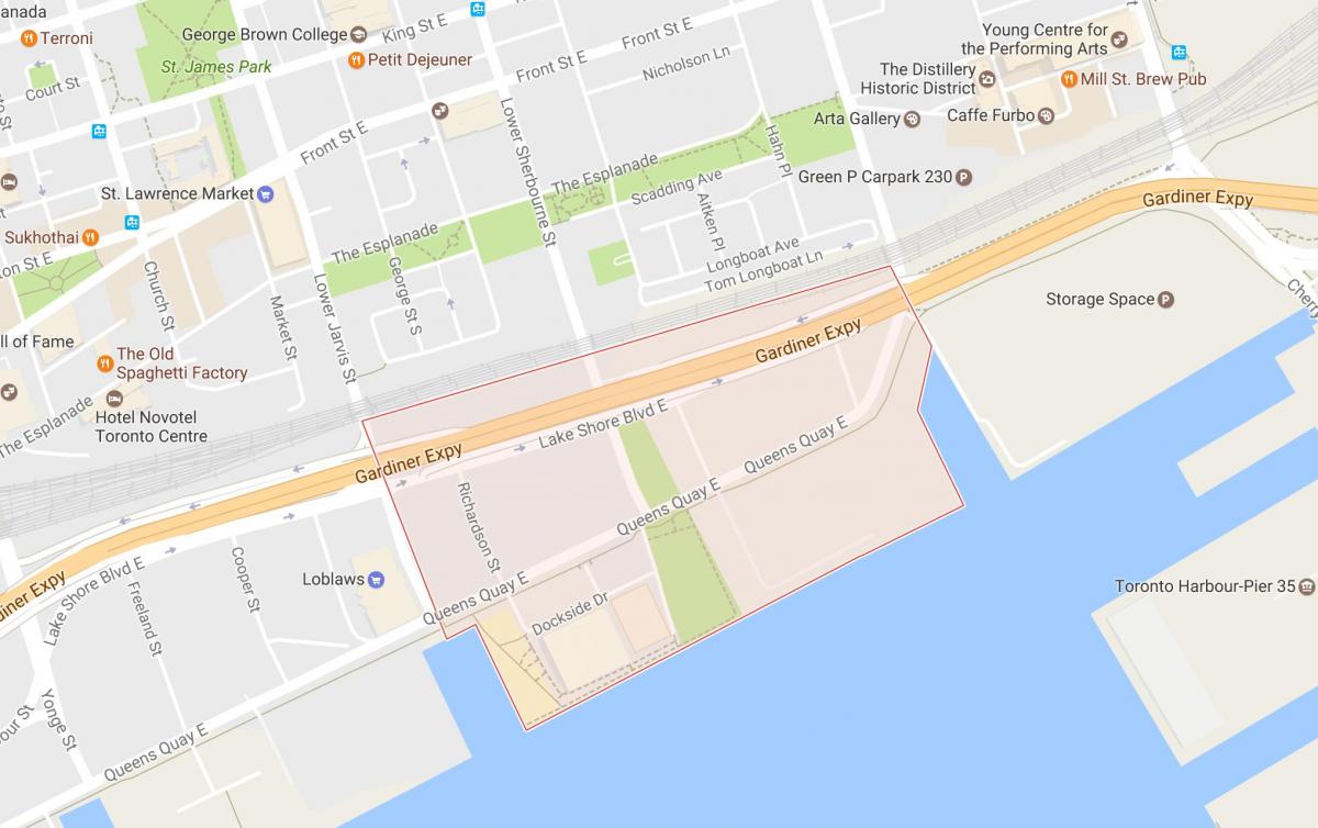 Karta över Östra Bayfront grannskapet Toronto