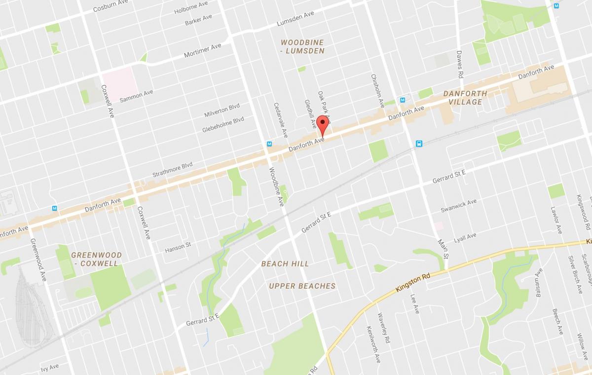 Karta över Östra Danforth grannskapet Toronto