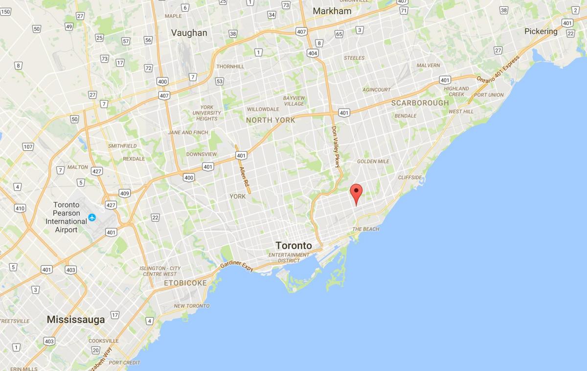 Karta över Östra Danforth distriktet Toronto