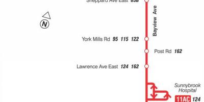 Karta över GRÄNSVÄRDE 11 Bayview busslinje Toronto