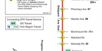 Karta över TTC 190 Scarborough Centre Raket busslinje Toronto
