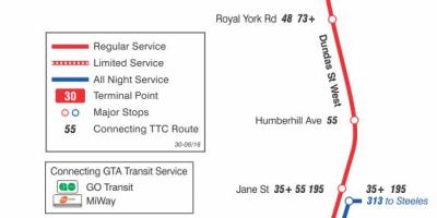 Karta över GRÄNSVÄRDE 30 Lambton busslinje Toronto