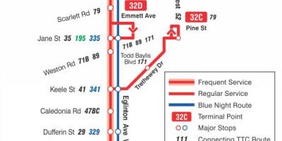 Karta över GRÄNSVÄRDE 32 Eglinton West busslinje Toronto