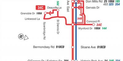 Karta över TTC 34 Eglinton East busslinje Toronto