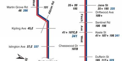 Karta över TTC 36 Finch West busslinje Toronto