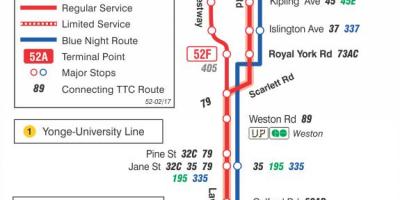 Karta över TTC 52 Lawrence West busslinje Toronto