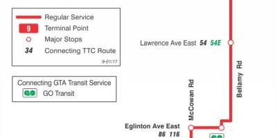 Karta över GRÄNSVÄRDE 9 Bellamy busslinje Toronto
